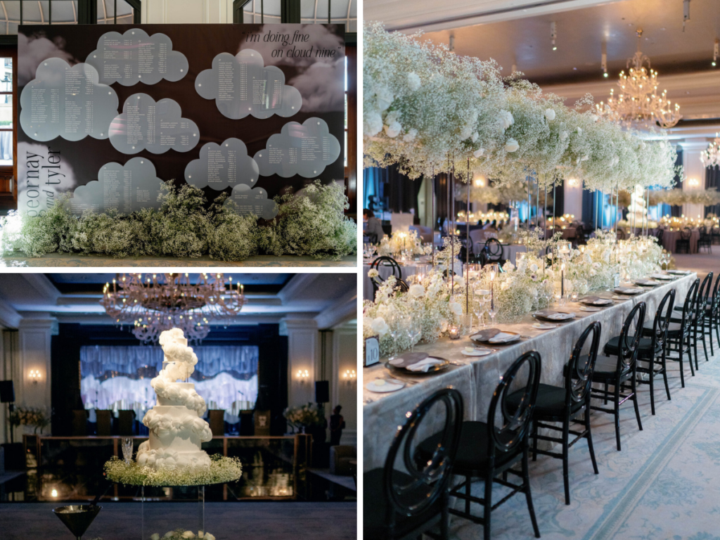 This "On Cloud Nine"-inspired reception design at the St. Regis Atlanta incorporated dramatic elements towering over the reception space.