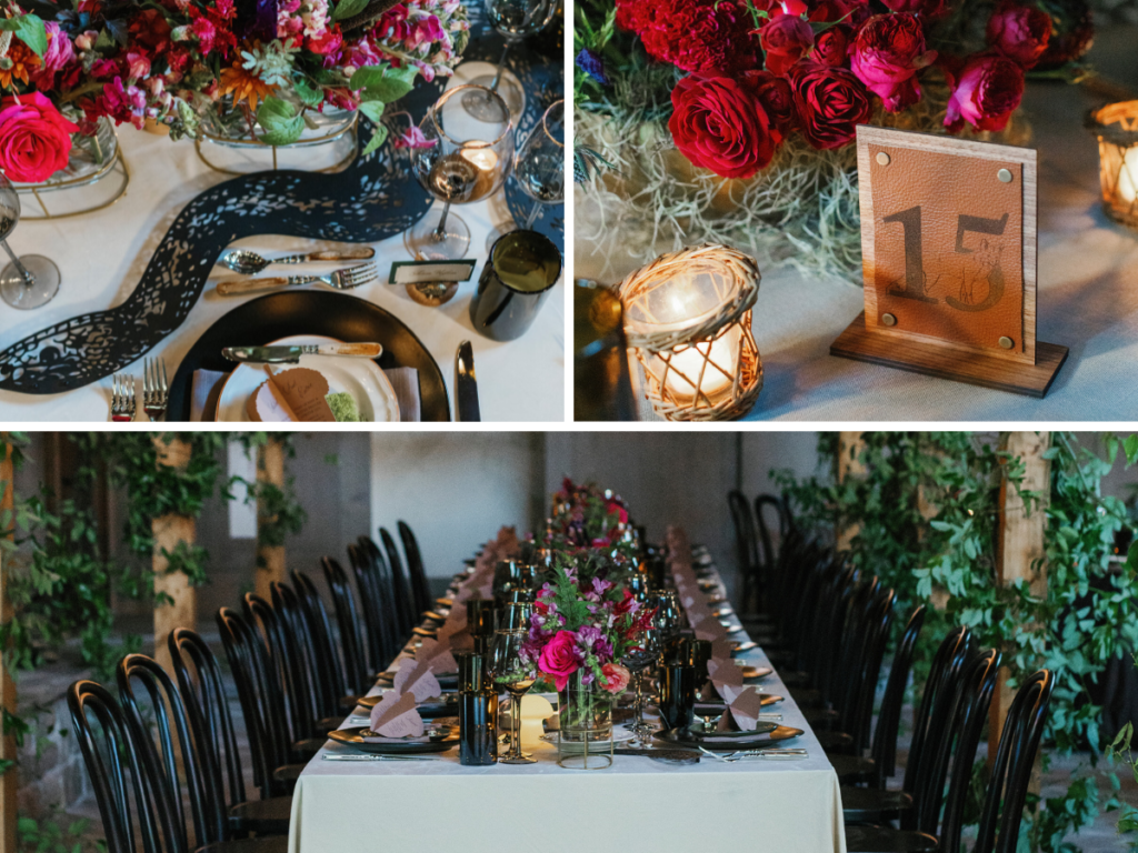 Elaborate tablescapes brought the bride's love for animals and nature to life, transforming the room into a forest-inspired haven.