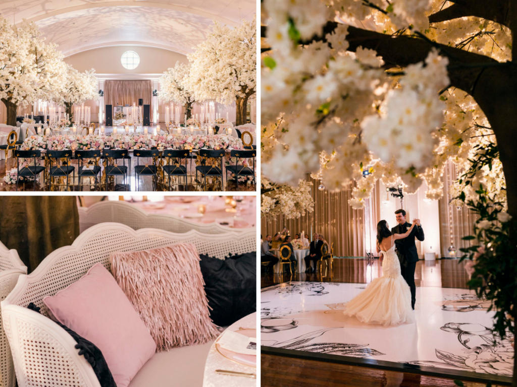 The iconic design of cherry blossom trees framing the reception space of the Atlanta History Center brings scale and romance to the room.