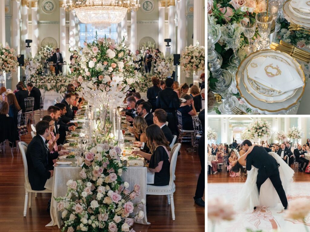 Cascading florals and opulent details brought this Parisian-inspired wedding reception to life