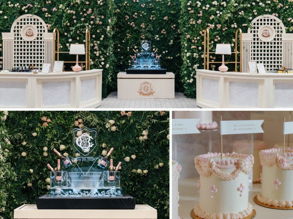 Parisian-style trellis and boxwoods set the tone for a French fête, enhanced by petite cakes for every guest