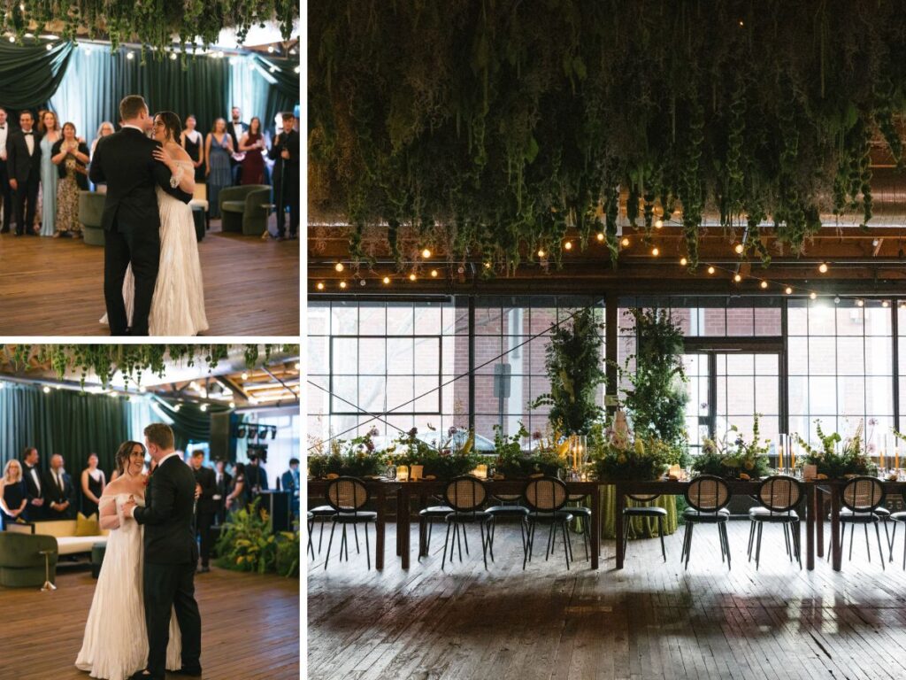The installation above the dance floor made it feel as though the couple was dancing under the trees