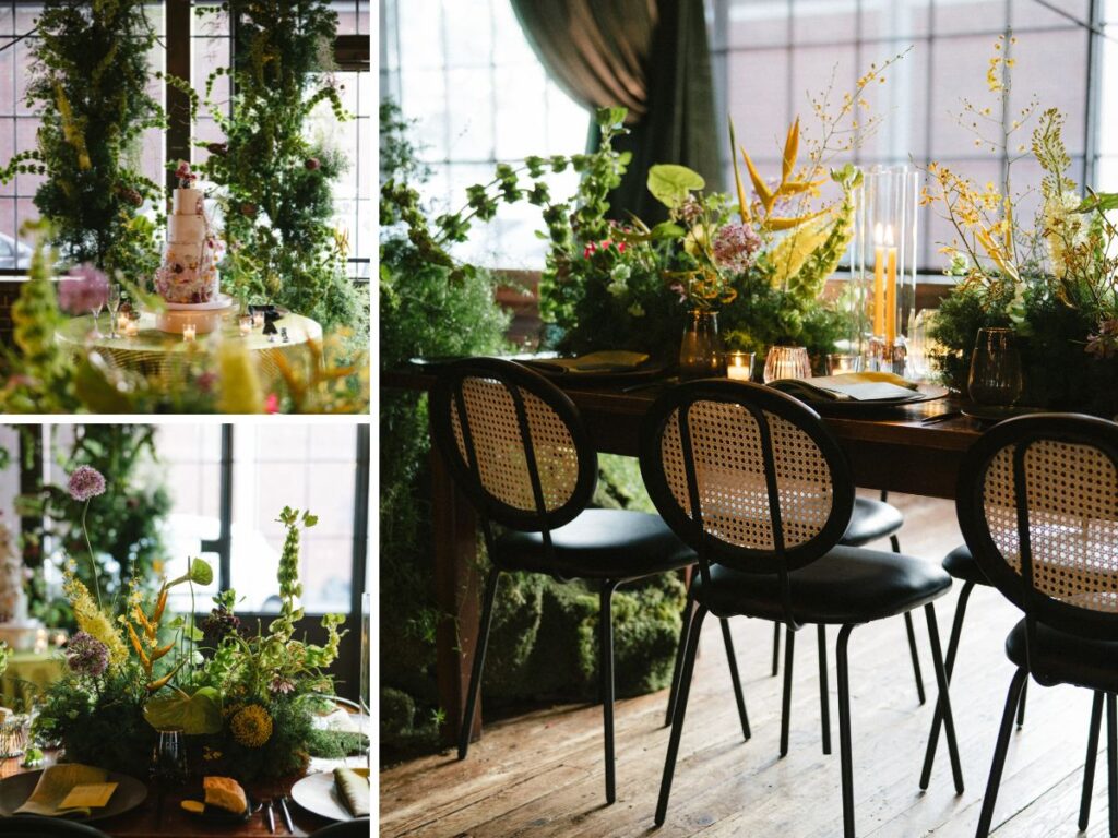 Floral installations created a modern woodland inside the venue