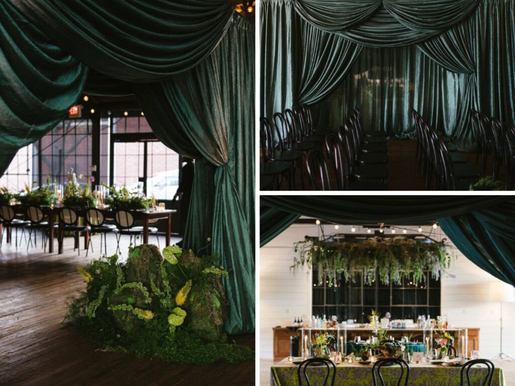Drapery portals led guests through each area of the wedding venue