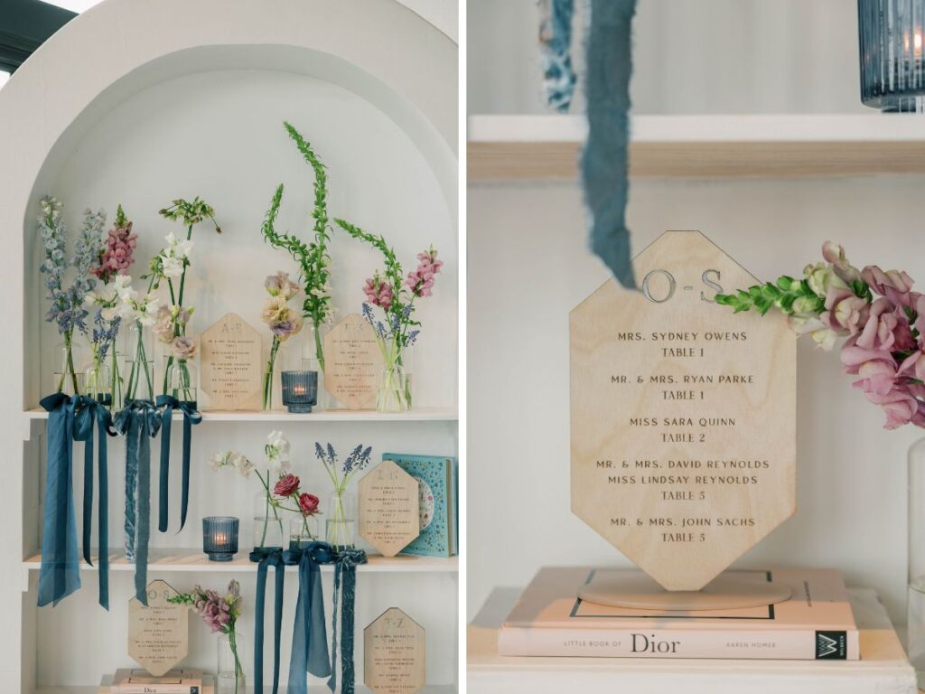 Bookcase with custom engraved table number escort signs