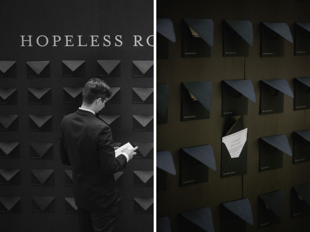 Custom notes on an envelope-lined Hopeless Romantic Society escort display