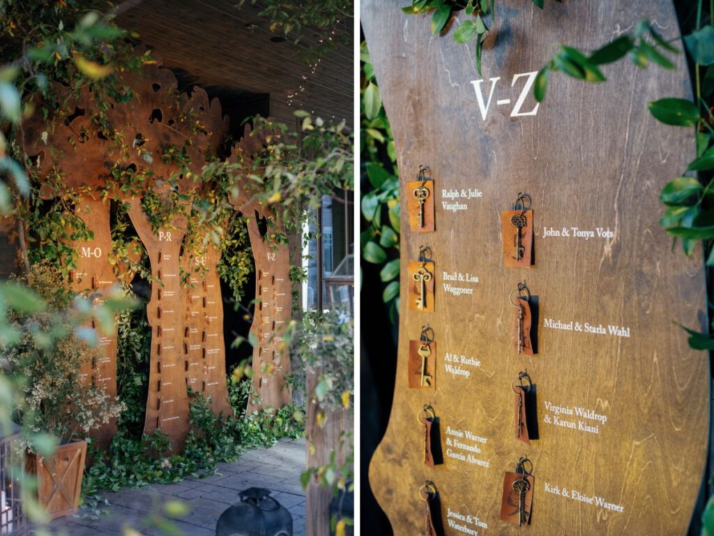 Custom fabricated trees with leather tag and key escort display cards