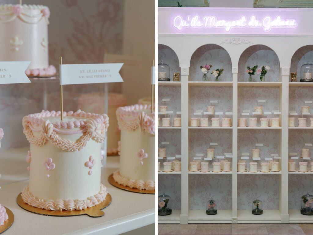 Bookcase escort display filled with French-inspired petite cakes