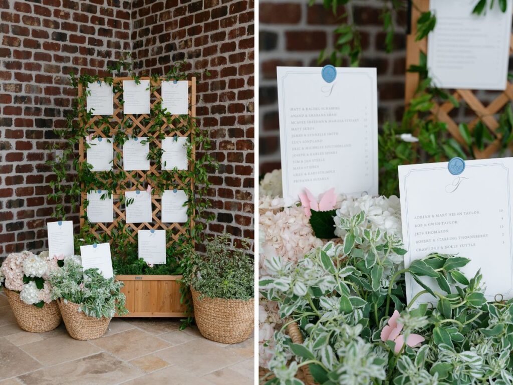 Escort display cards on a garden trellis with basket planters