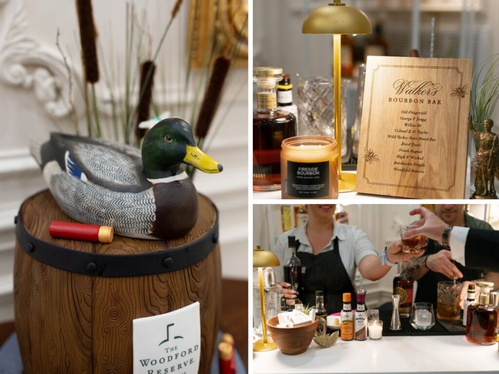 A bourbon bar comprised of the groom's personal bourbon collection and Woodford Reserve-themed cake