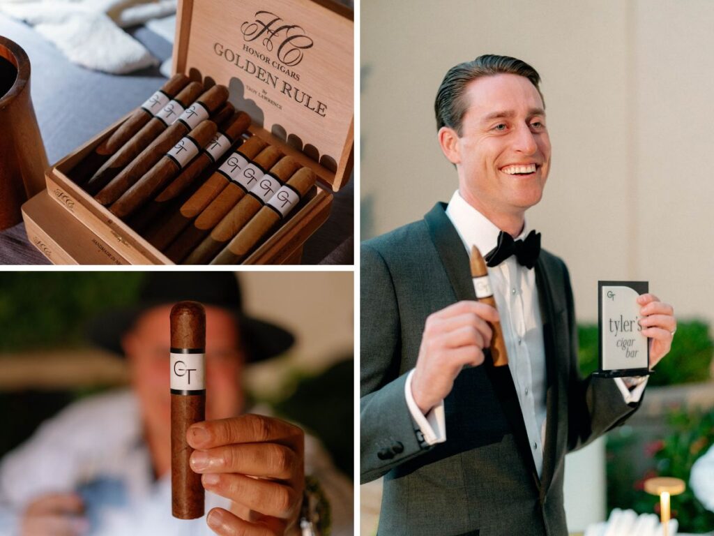 Groom's cigar bar with custom labels featuring the couple's wedding monogram