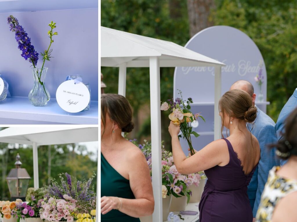 Escort display featuring empty vases with guest names and table numbers beside a cart of flowers that guests can use to fill their vase