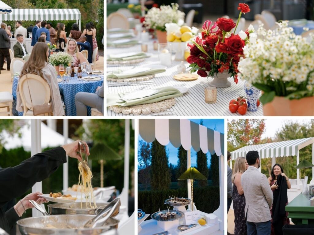A collage of images from an outdoor rehearsal dinner featuring pasta and desert stations.