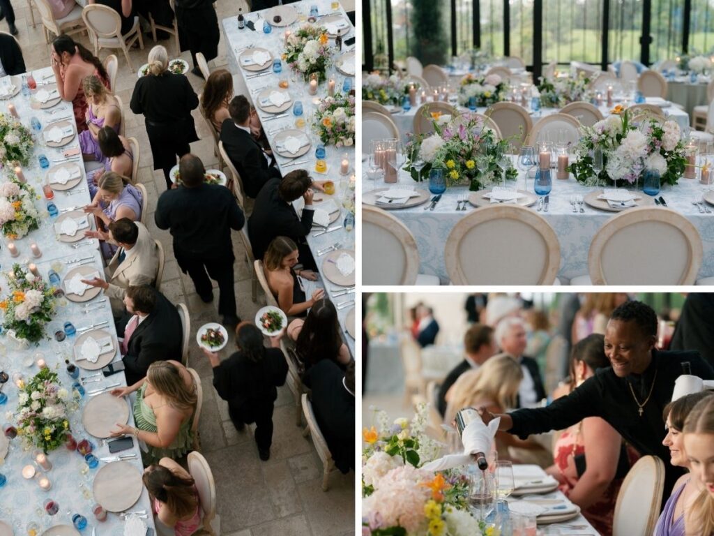 A collage of images from a wedding reception inside a glass structure featuring guests seated at tables being served by wait staff.